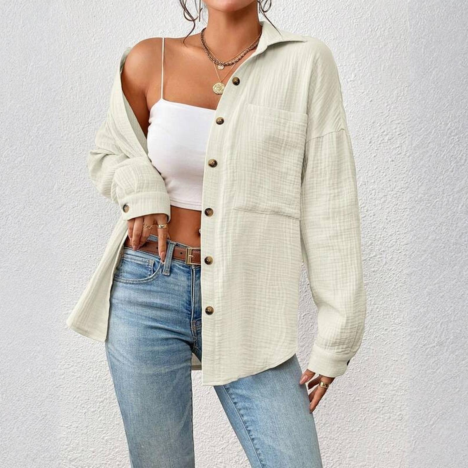 

Женская повседневная модная рубашка с опущенными плечами с длинным рукавом L бежевый