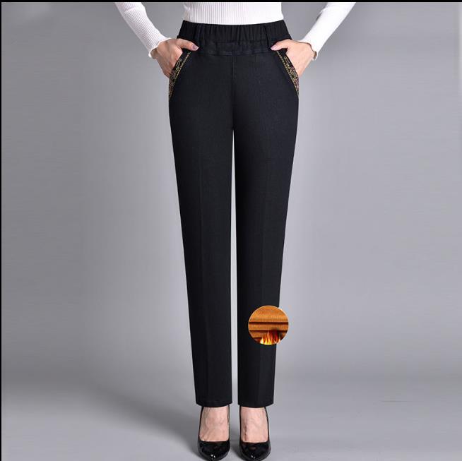 Herbst und Winter Übergröße Verdicken Modelle Damen Einfarbig Dünn Hohe Taille Abschnitt Gerade Elastische Jeans Lässige Hosen