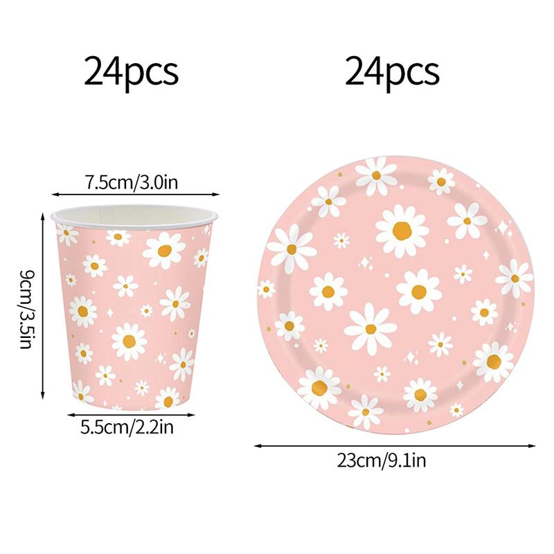 24pcs 7/9inch Pink Daisy Theme Disposable Tableware Flower Plate Napkin Straws Banner Birthday Party Baby Shower Wedding Decor