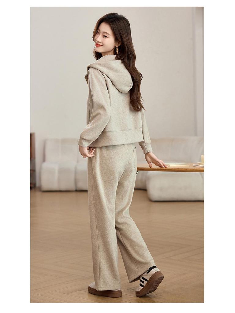 2025 Spring/Autumn Women's Petite Hooded Knit Tracksuit: Sweatshirt & Wide-Leg Pants Set