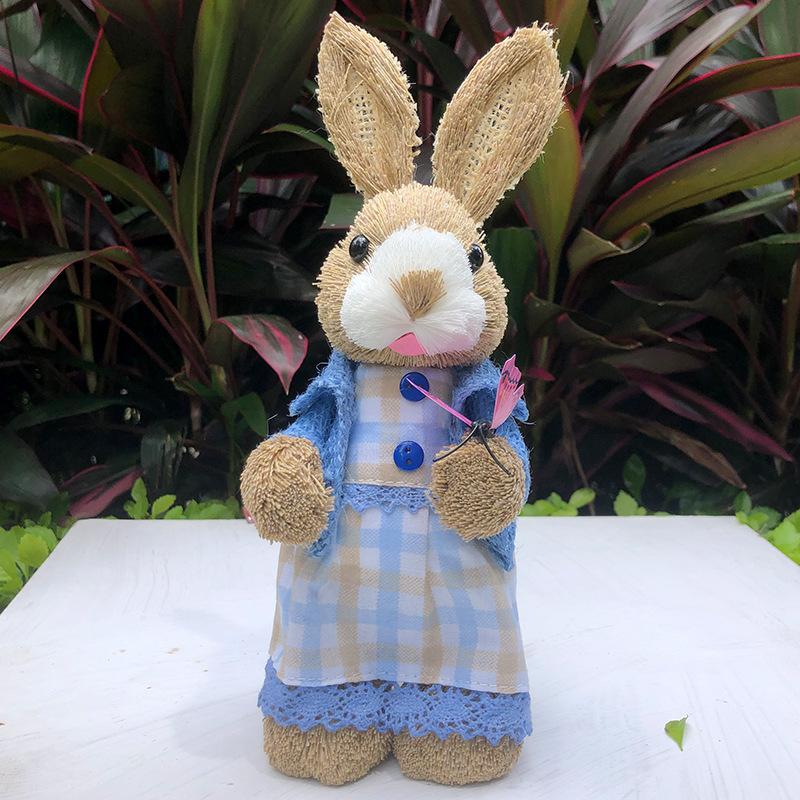Easter Rabbit Decoration Straw Rabbit Ornament Creative Artificial Bunny Figure 25cm Home Holiday Cute with Flower Wreath