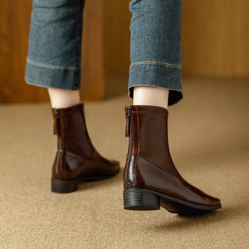 Retro Maillard Boots Rear Zipper Temperament Commuter Soft Leather Thick Heel Autumn and Winter New Versatile Small Short Boots Women