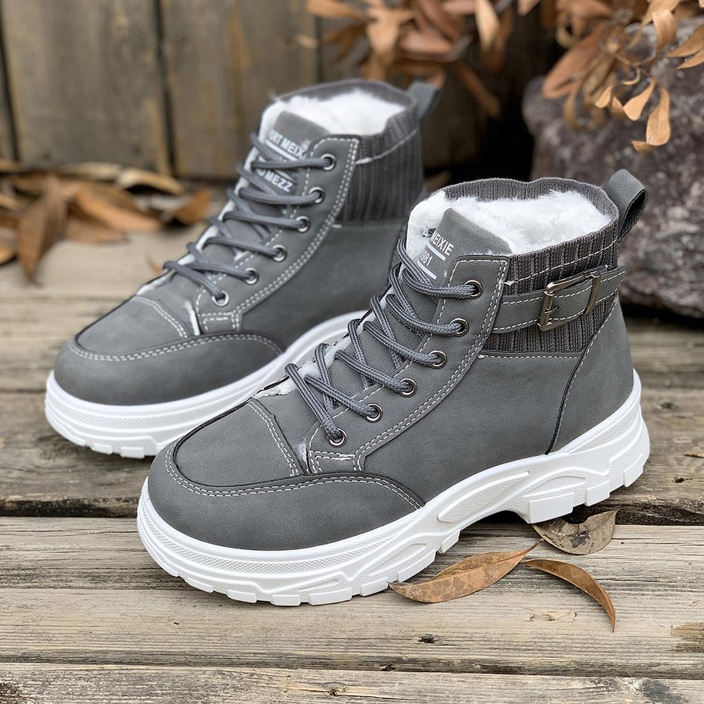 Fashion Fashion Women Warm Boots Mid Heels Shoes Winter Students Flat Boots Walking Pure Color Lace-up Boots Shoes Casual Sports Shoes