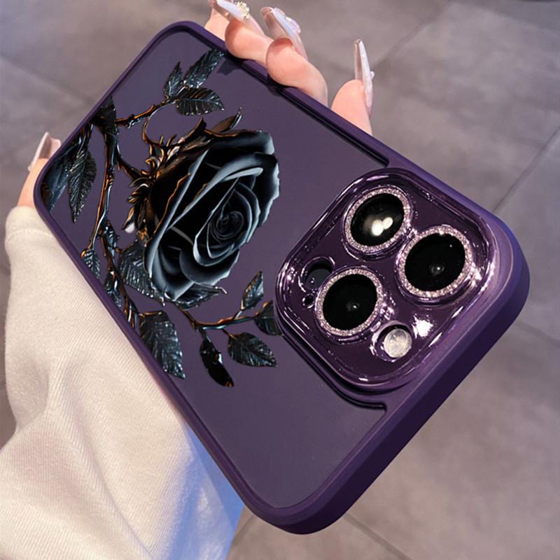 Black Rose flower phone case for iPhone 11 12 13 14 15 16 17 Pro Max case Bling elegant camera protection transparent Cover