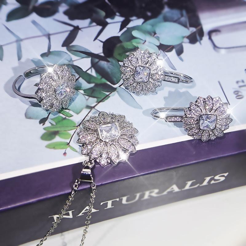 Wedding Bridal Necklace Temperament Earrings Zircon Accessories Jewelry Three-Piece Bracelet Group Set High-End Best-Selling