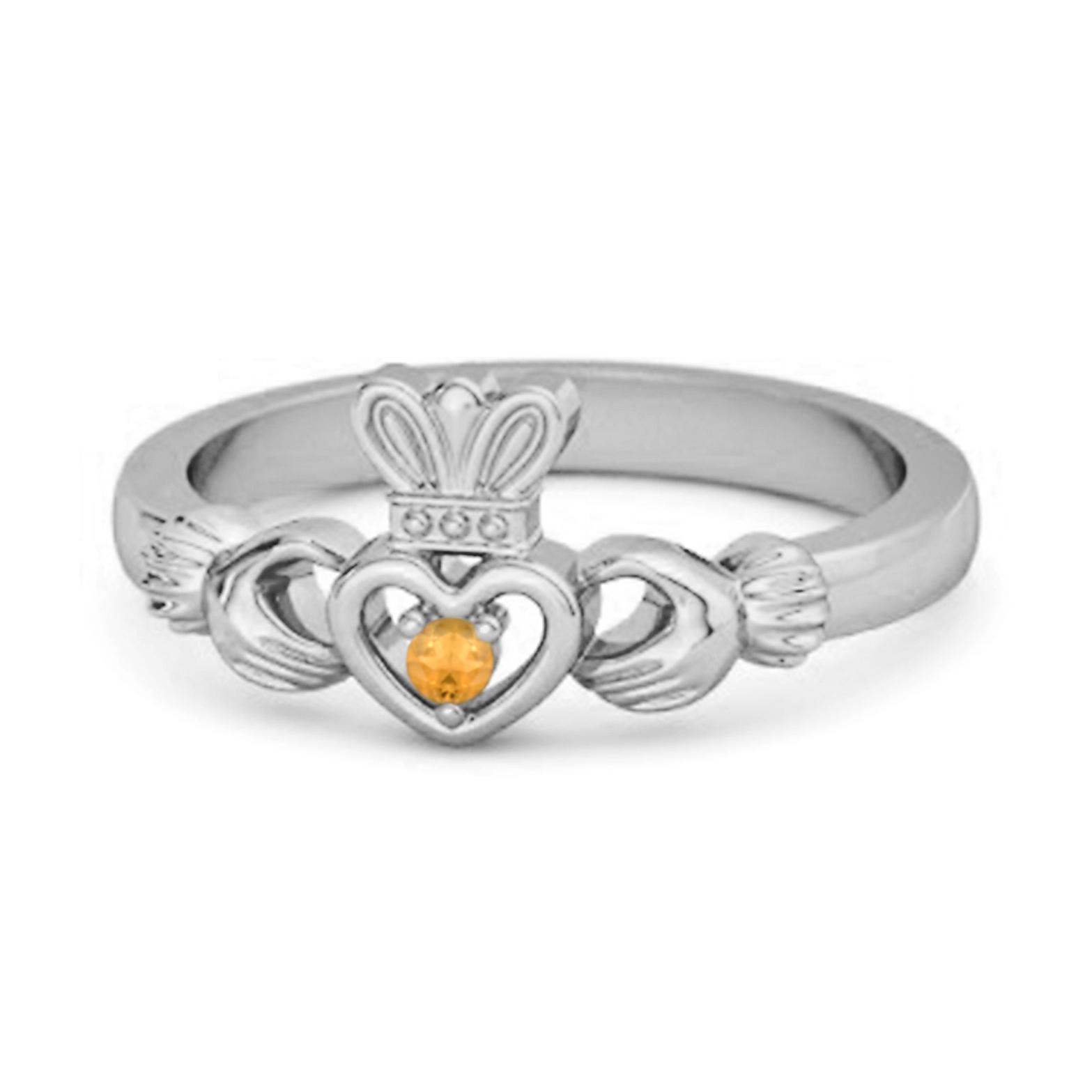 Citrine Round Claddagh Stackable Ring- 925 Sterling Silver 6