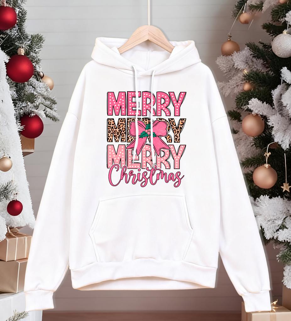 Merry Christmas Pink Bow Printing Men Hoodies Autumn Casual Hoody Fleece Comfortable Clothing Male Loose Unisex Pullovers