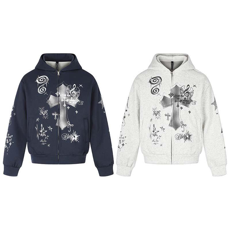 Unisex Oversized Hooded Zip-Up Sweatshirt With Cross Print Cotton Long Sleeve Casual Top Fall