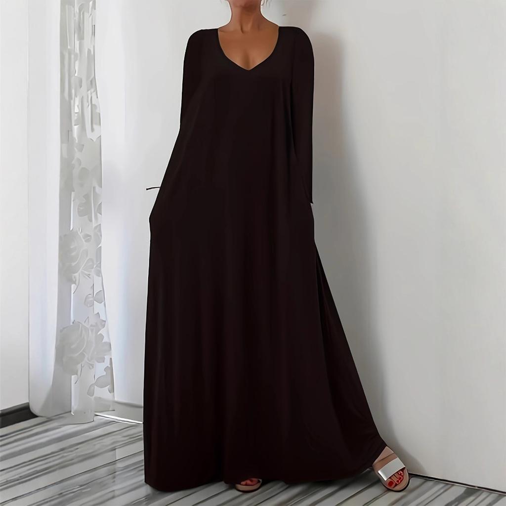Women's Fashionable Solid Color V Neck Long Sleeved Casual Loose Fitting Pullover Long Dress