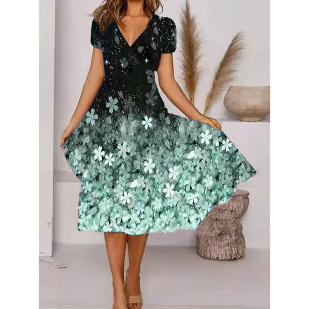 JPNTKY Women's Fashion Summer Spring Floral Print Short Sleeve V-Neck Casual Dresses