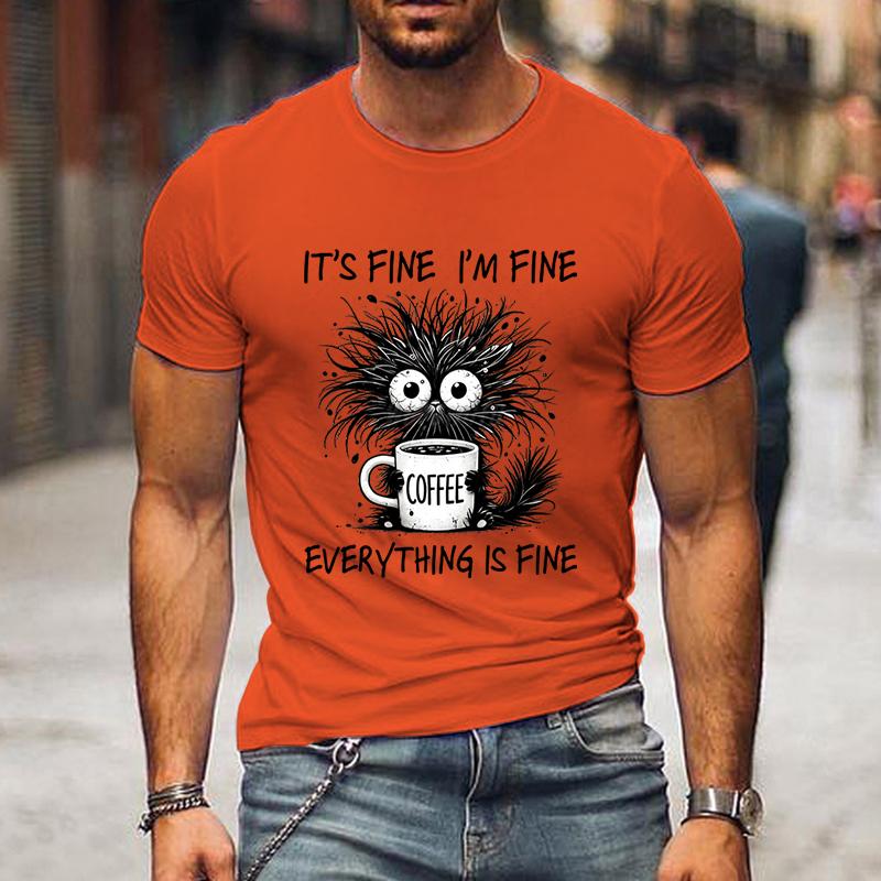 Mir geht es gut, ich bin in Ordnung, alles ist in Ordnung, lustige schwarze Katze, Herrenbekleidung, Vintage-T-Shirt, kurzärmelige Oberteile, Sommer-Modebekleidung