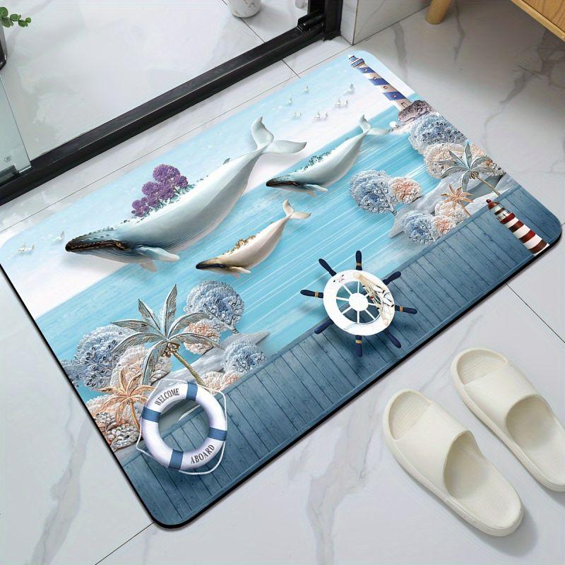 Dolphin Lighthouse Print Bath Mat Diatom Mud Non-slip Bathroom Floor Rug Super Absorbent Entrance Carpet Kitchen Rug Home Decor