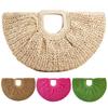 Women Handmade Straw Tote Bag Large Capacity Half-Moon Straw Handbag Solid Color Simple Weaving Wrist Bag Summer Beach Bag