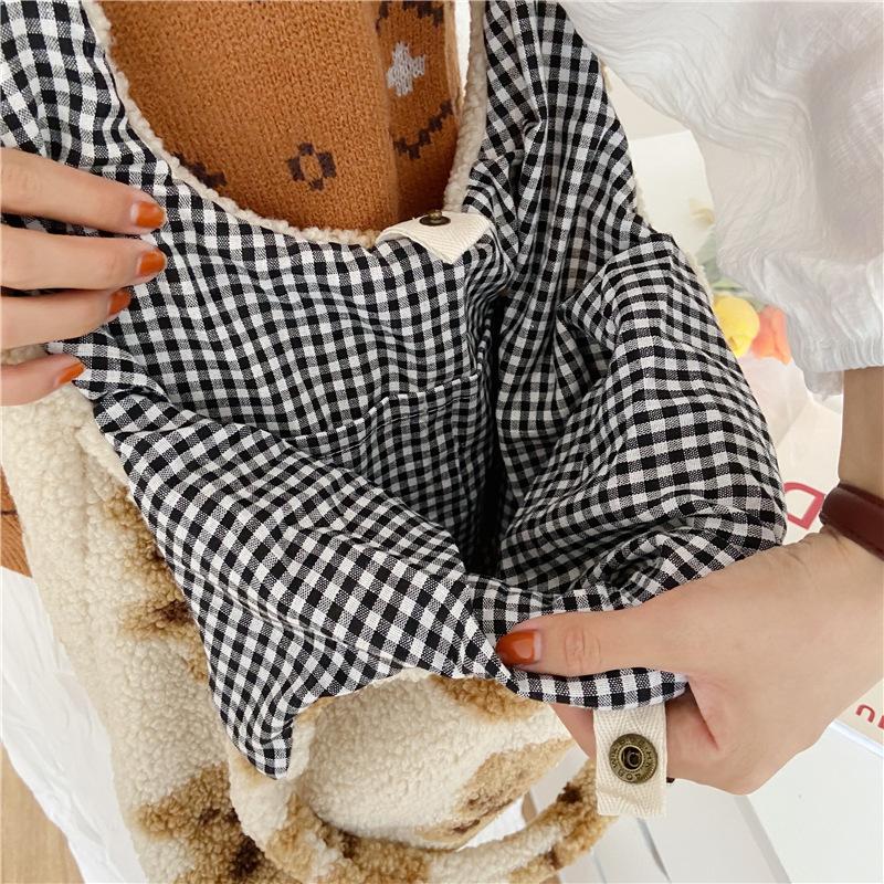 Bolsa de Ombro Única de Pelúcia de Urso, Uso Frente e Verso, Grande Capacidade, Bolsa de Compras