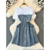 Spring and Autumn Fashion A- line Denim Dress Fake Two-Piece