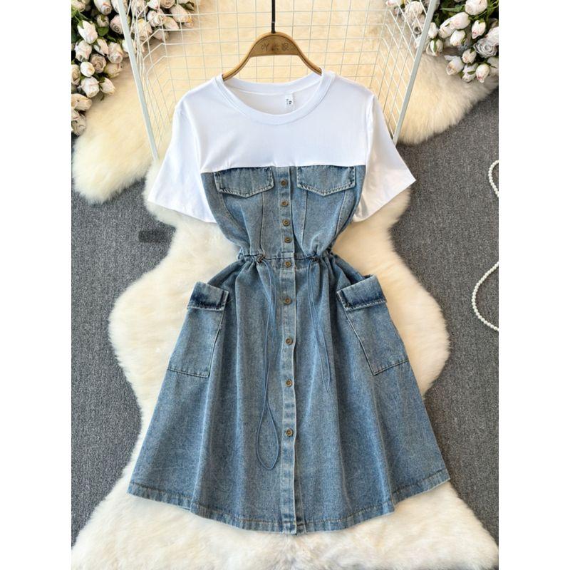 Spring and Autumn Fashion A- line Denim Dress Fake Two-Piece