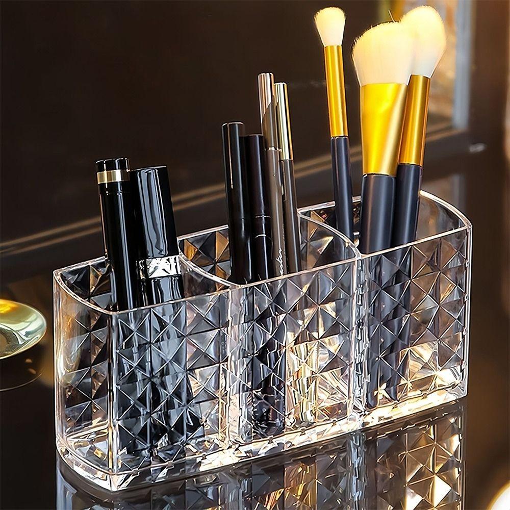 3 Grids Cosmetic Organizer Clear Lipstick Brush Storage Multi-purpose Makeup Brush Holder Desk