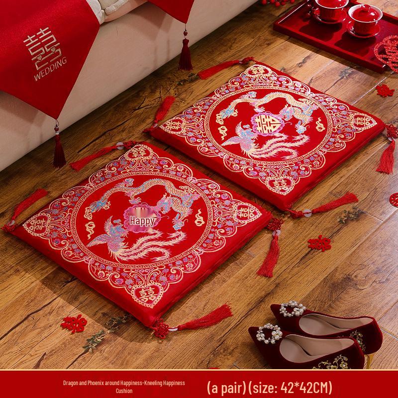 Red Wedding Kneeling Cushions for Bride and Groom Tea Ceremony Set