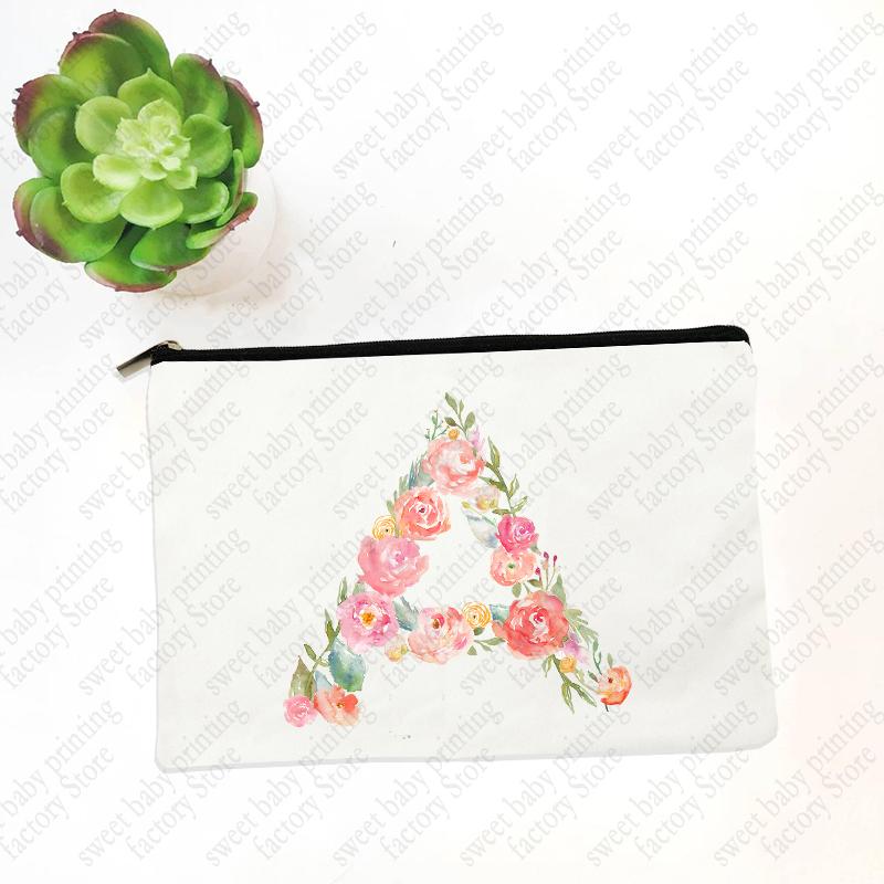 

Initials Flower Women White Cosmetic Bag Travel Lipstick Bags Mujer Bolsas Bridesmaid Maid of Honor Makeup Bag Wristlet Clutch