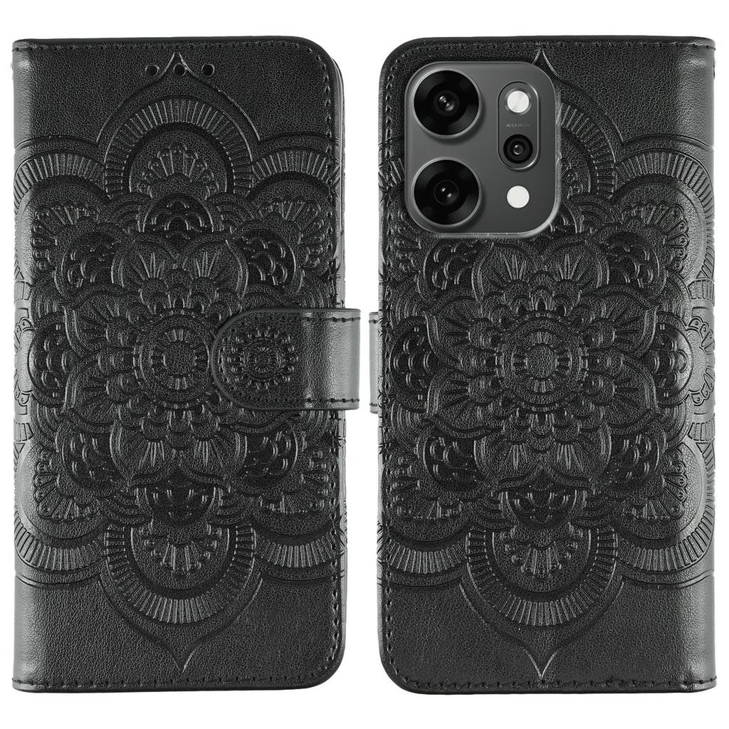For Oppo Reno14 Pro 5G (Global) Case PU Leather Mandala Imprinted Design Wallet Phone Cover with Wrist Strap