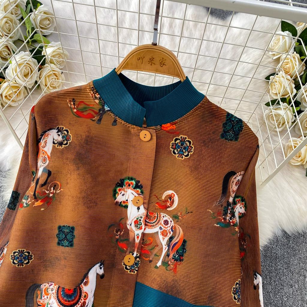 Skládané šaty s květinovým potiskem Letní Podzimní Jednorázové Zapínání Oversize Pásek Elegantní Streetwear Svetr Dámské Oblečení
