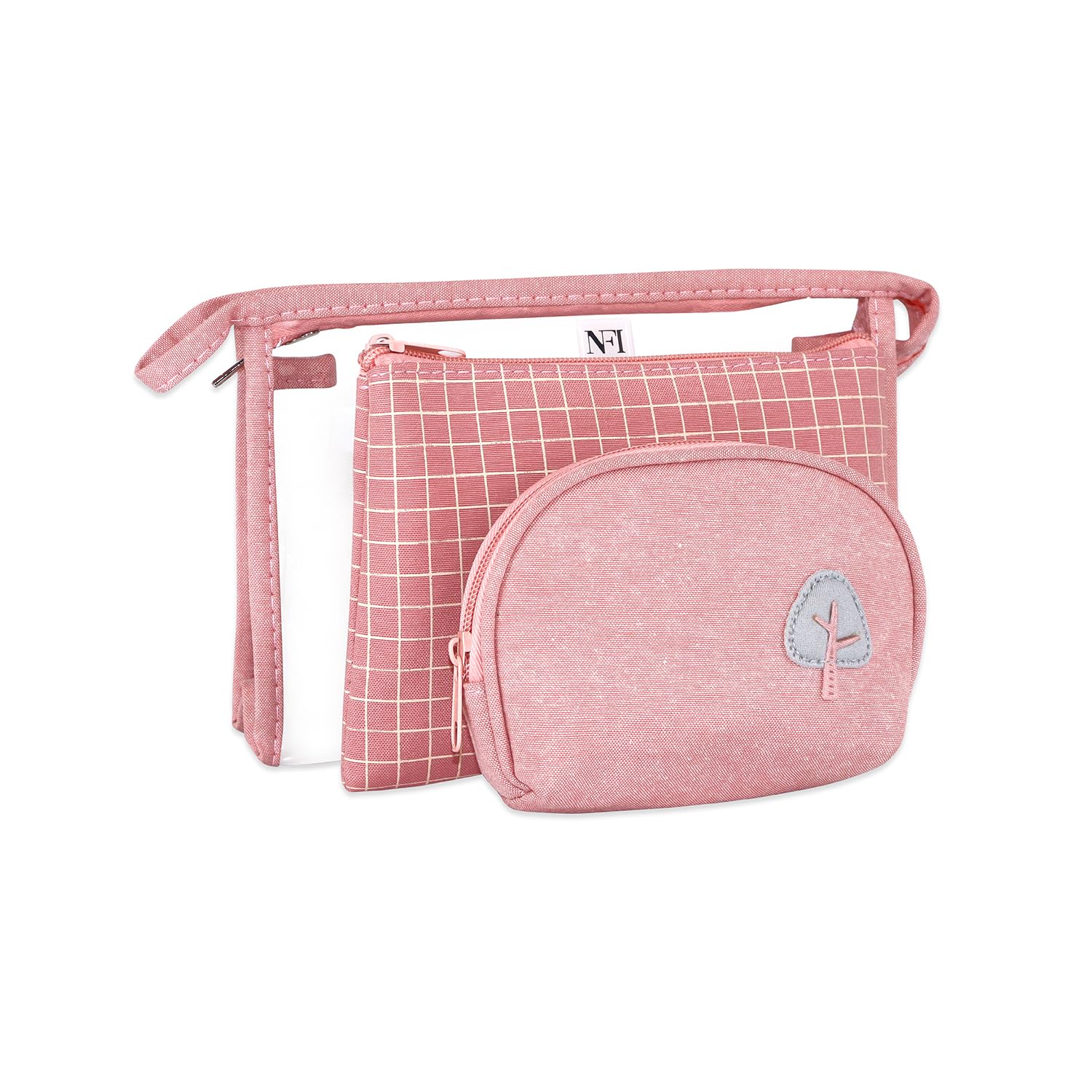 NFI essentials Canvas Set of 3 Cosmetic Pouch Makeup Pouch Vanity Pouch Travel Organizer Toiletry Pouch for Women Zippered Pouch Set, Large, Medium