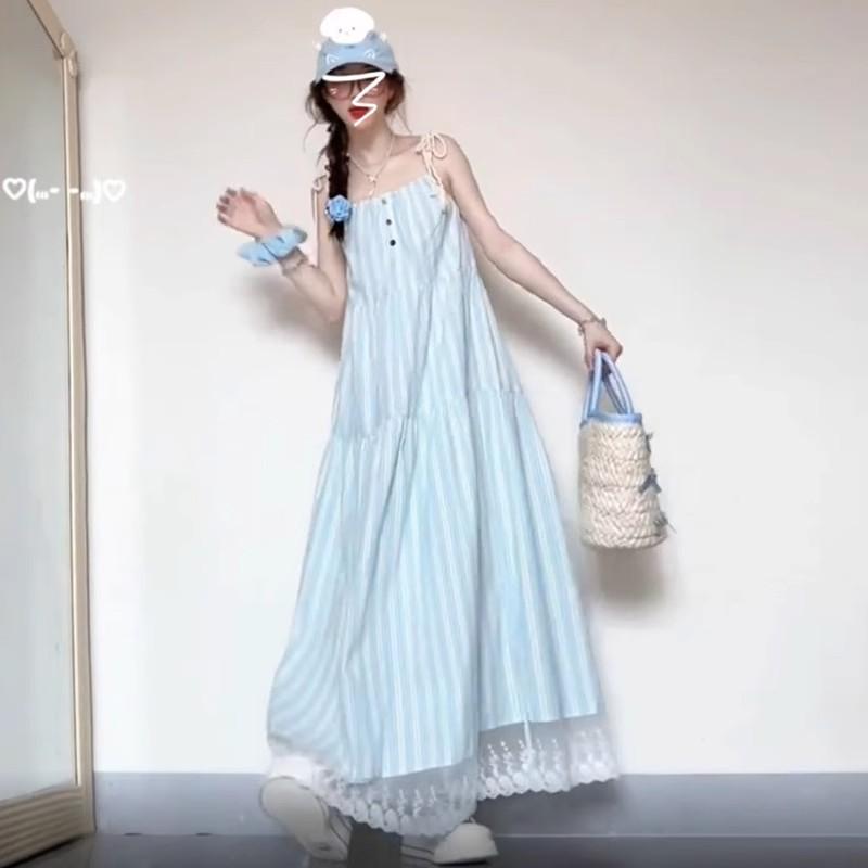 [Original Practice] French Temperament Blue Striped Suspender Dress Children Summer Small Seaside Vacation Long