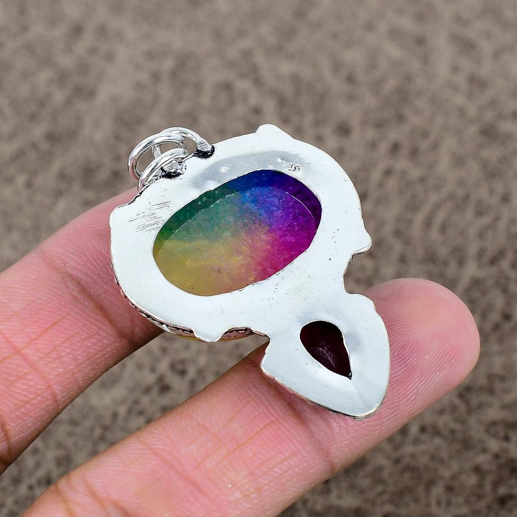 Solar Quartz, Garnet Gemstone 925 Sterling Silver Jewelry Pendant 2.09" KKG-337