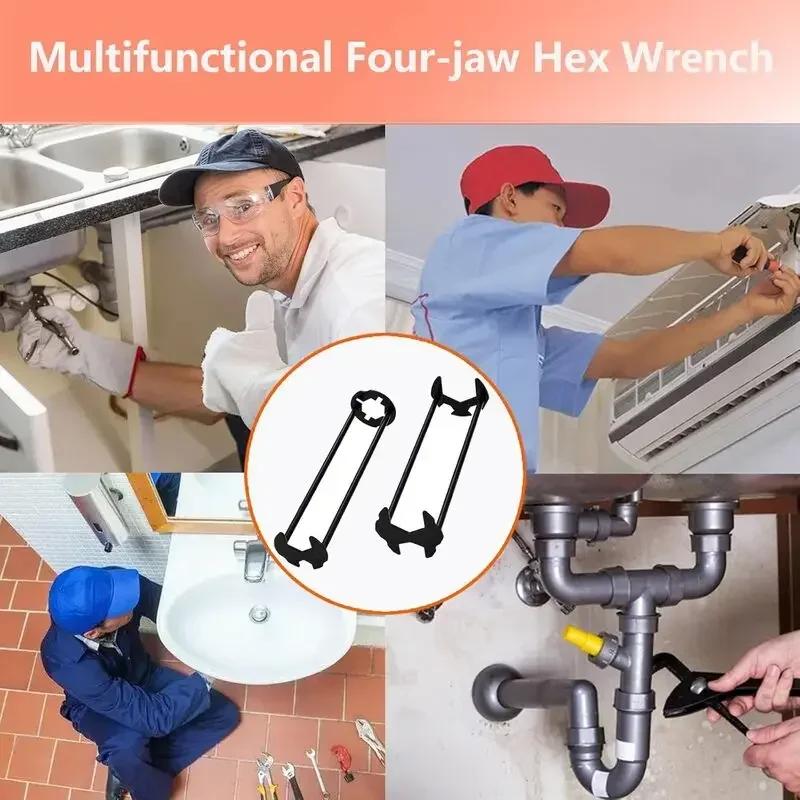 Multifunctional Basin Faucet Wrench – 4-Jaw Hex Plumber's Wrench for Under-Sink Use, Suitable for Bathroom & Kitchen