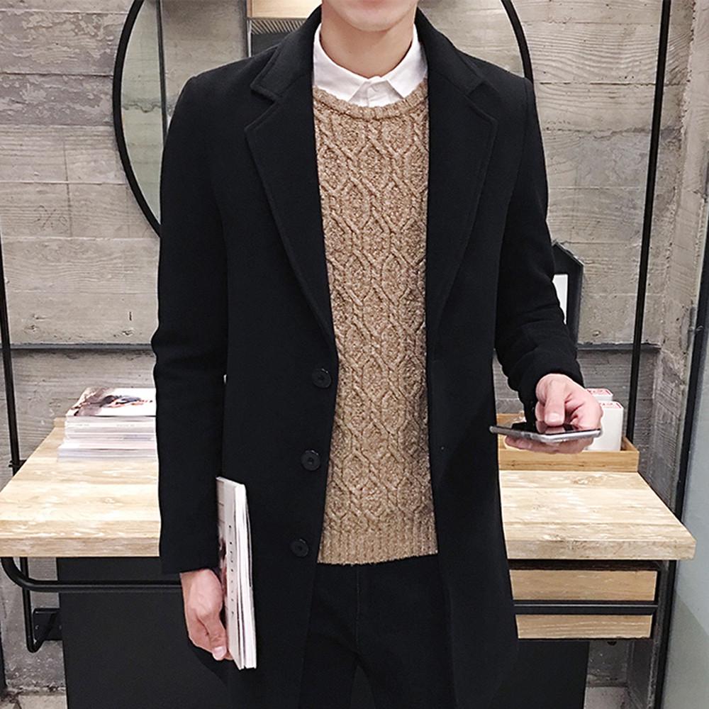 Men Formal Single Breasted Figuring Overcoat Long Wool Jacket Outwear