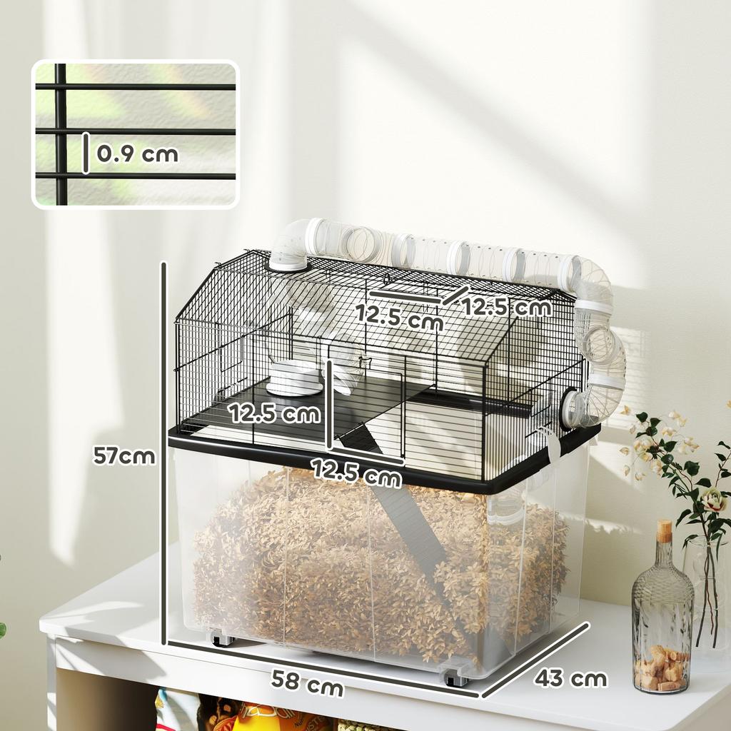Two-Tier Hamster Cage with Wheels, Tubes, Bowl, Bottle and Ramp, 58x43x57 cm, Black