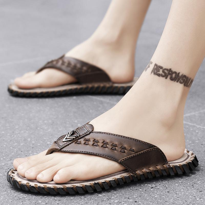 Fashion Golden Sapling Beach Flip Flops Summer Men's Shoes Genuine Leather Flats Retro Men Slippers Fashion Outdoor Slides Casual Shoe