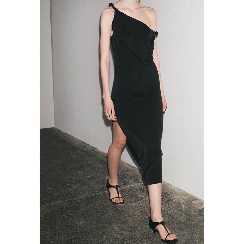 Summer New Product Women's Clothes French Evening Dress Black Diagonal Collar Silk Satin Texture Midi Skirt Dress 5289043