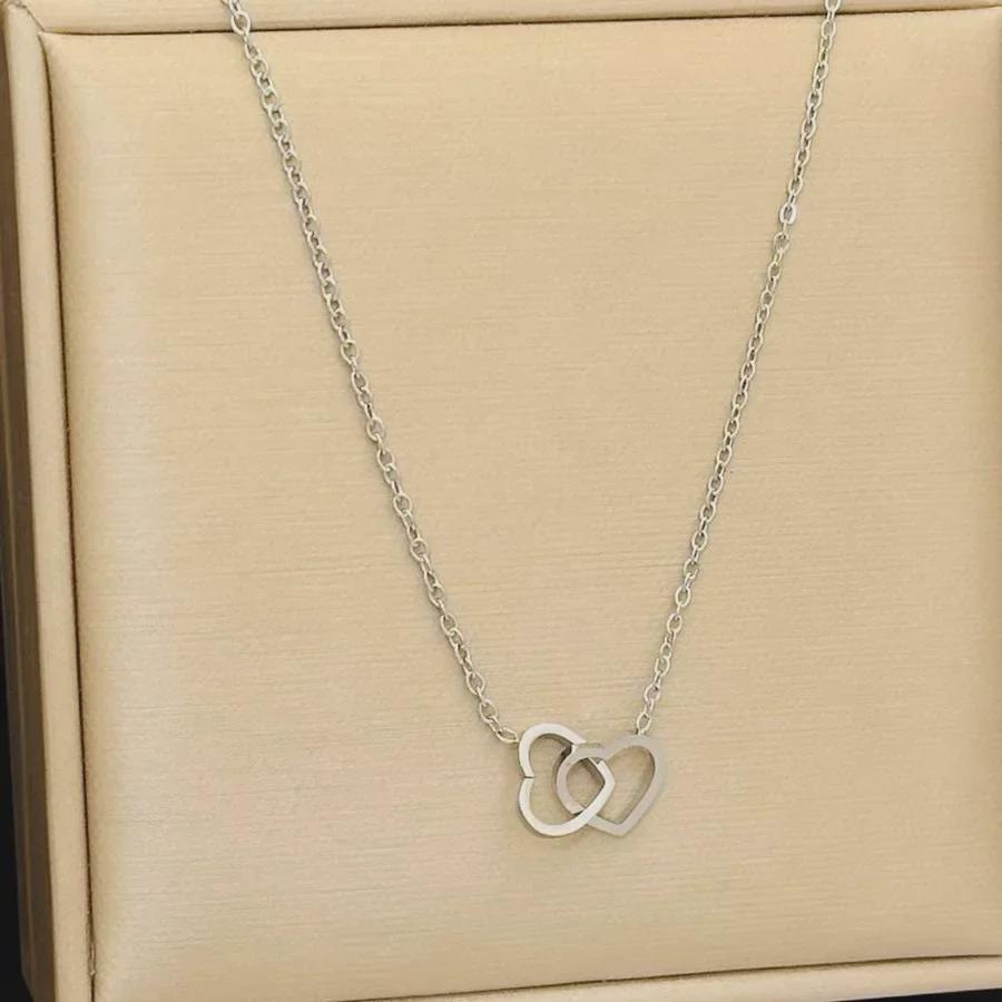 18K Rose Gold Plated Titanium Steel Double Ring Necklace - No Fade, Dainty Clavicle Design for Women