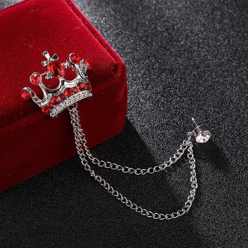 JY Fashion Brooch Vintage Crystal Crown Chain Pin for Men Jewelry Suits Accessories Lapel Badge Brooch