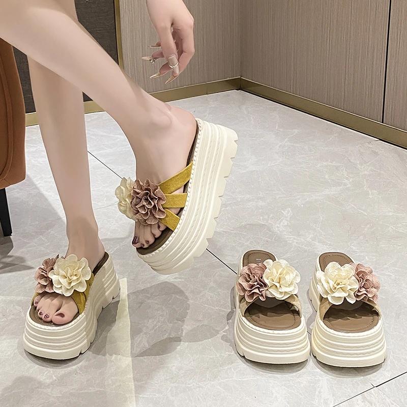 Fashion 7.5CM High Platform Slippers Women Summer Thick-soled Ladies High Heels Flower Slides Shoe Beach Sandals Ethnic style Flip Flops