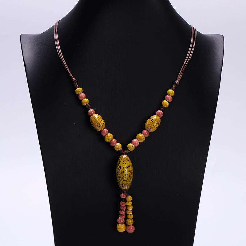 JMXD-ethnic Style Ceramic Necklace, Hand-woven Knotted Beaded Rope Chain, Non-fading Sweater Chain