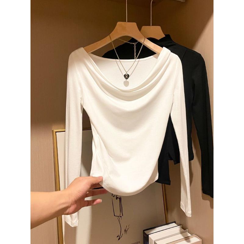 

2025 Trendy White One-Shoulder Long Sleeve Pleated Waist T-shirt for Women L (105-115 lbs) белый
