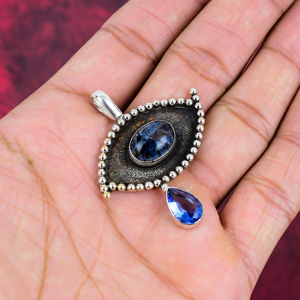 Pietersit, Tansanit Handgefertigter Edelsteinanhänger, 925 Sterlingsilberanhänger Antikschmuck, Anhänger für Verlobungsgeschenk