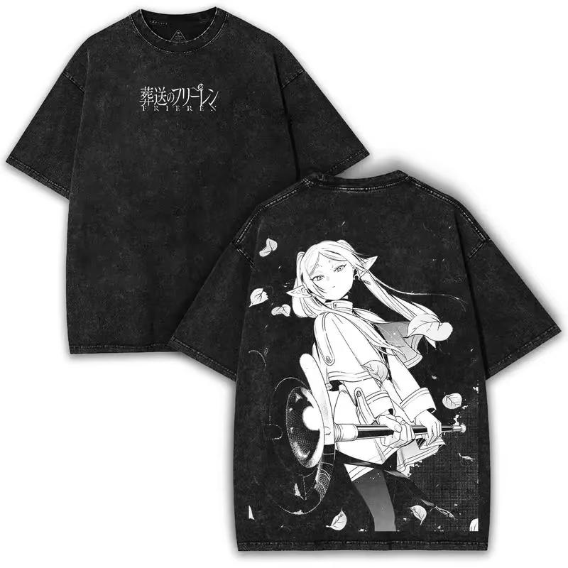 Gothic Washed Frieren Beyond Journey's End Printed T‑Shirt Anime Manga Retro Graphic Oversized Short Sleeve Casual Streetwear Cotton Tee For Men Women