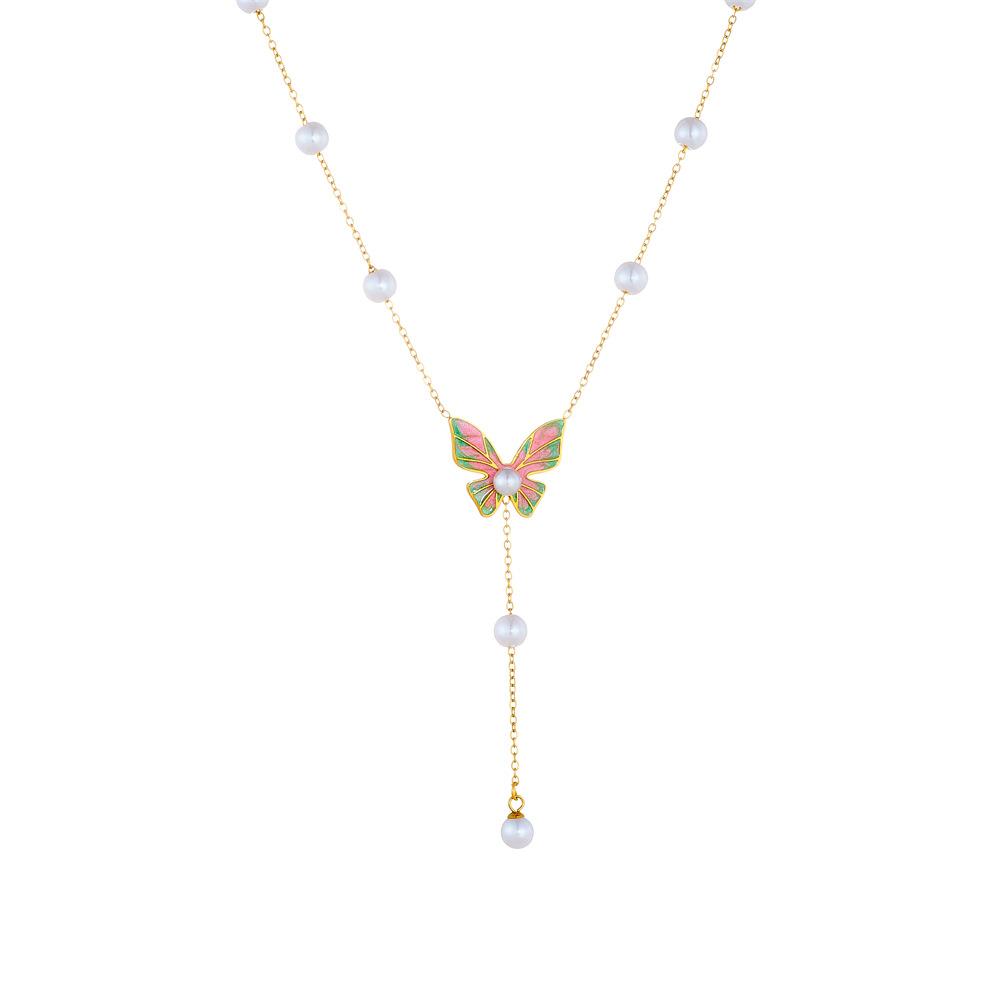 Charming Nature Forest Drip Oil Colorful Butterfly Pearl Long Tassel Necklace Womens Jewelry