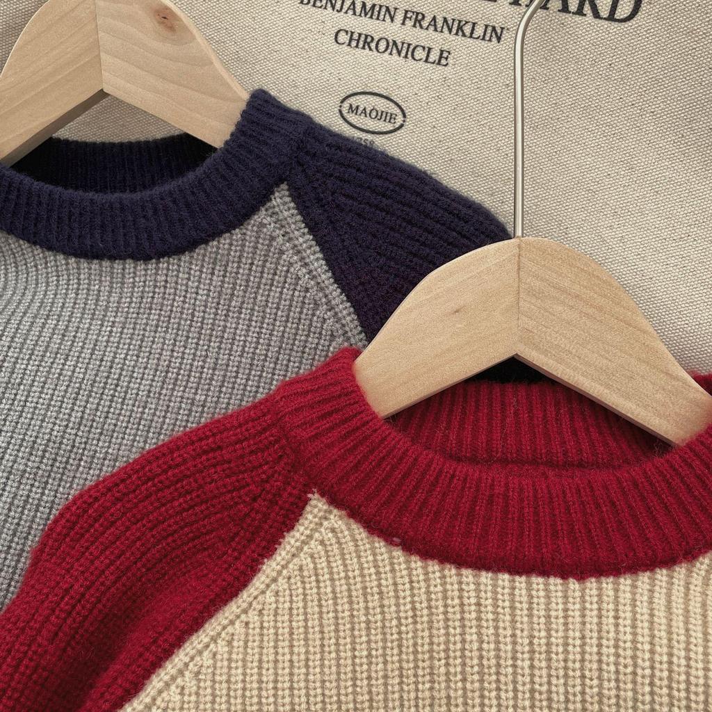 2024 Autumn/Winter Kids' Color Block Round Neck Sweaters: Korean Style Thick Pullover for Boys and Girls Trend