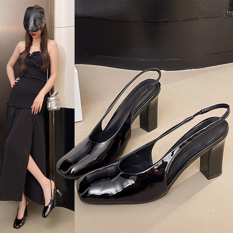 2025 Summer Patent Leather Women Sandals Fashion Square Toe Dress Street Style High Heel Shoes Zapatos De Mujer