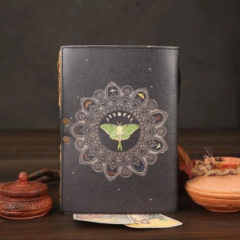 Luna Moth Leather Journal Handmade Vintage Notebook with Lock Witchy Women Gift