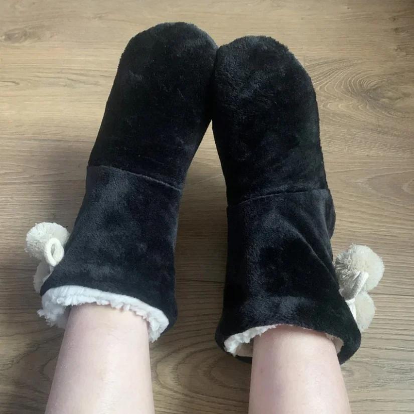 Men's and Women's Home Slipper Boots Autumn Winter Warm Fuzzy Indoor Fur Ball Plush Non Slip Grip Fluffy Female Floor Shoes Flat Ladies