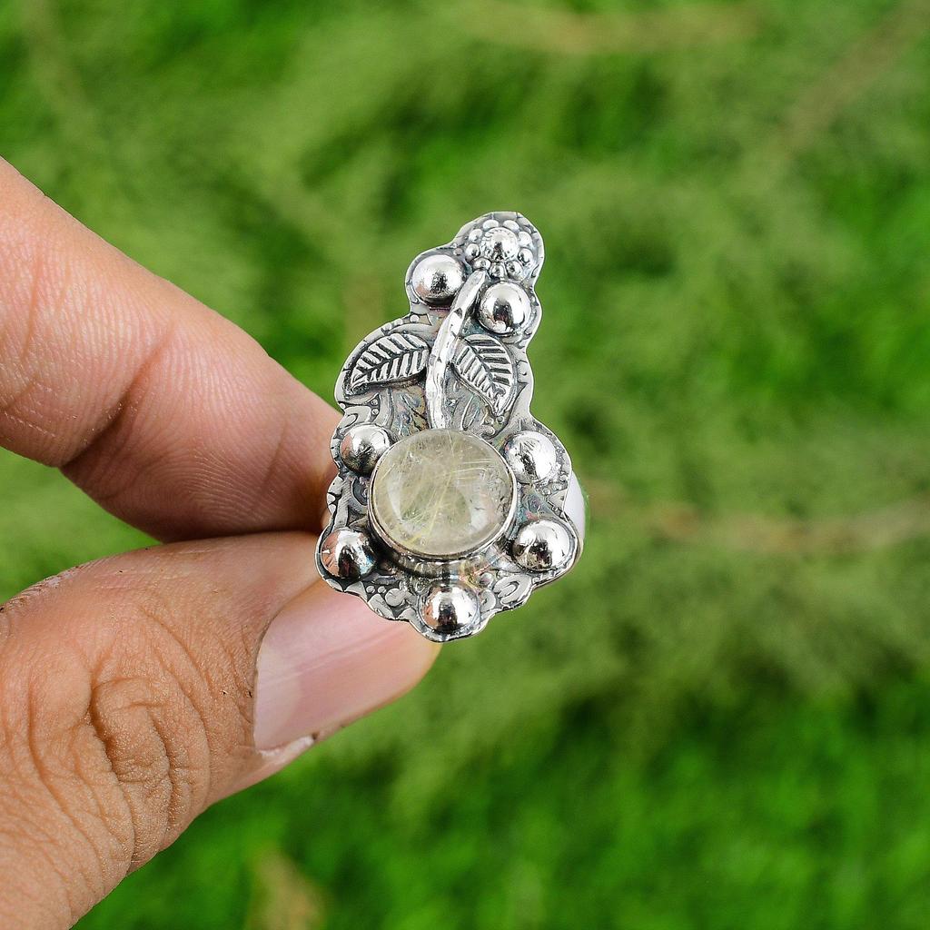 925 Sterling Silver Round Golden Rutile Gemstone Daughter Statement Flower Ring