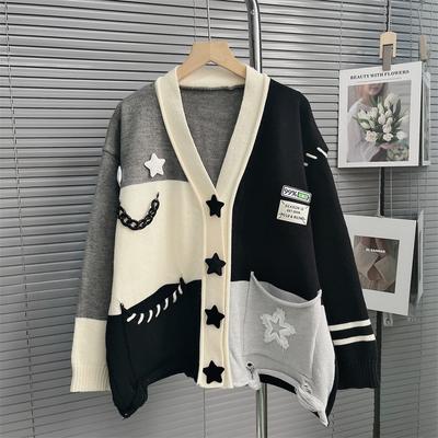 Jesenný a zimný dámsky sveter Hviezdy Ťažké prešívanie Farebná kolízia Mäkký pletený kardigán Ležérny sveter