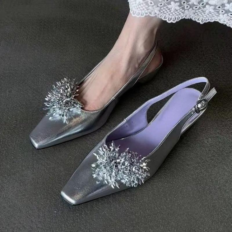 Square Toe Shallow Mouth Sandals Women's Summer New Baotou Flower One Strap Anti-slip Wear-resistant Flat Shoes