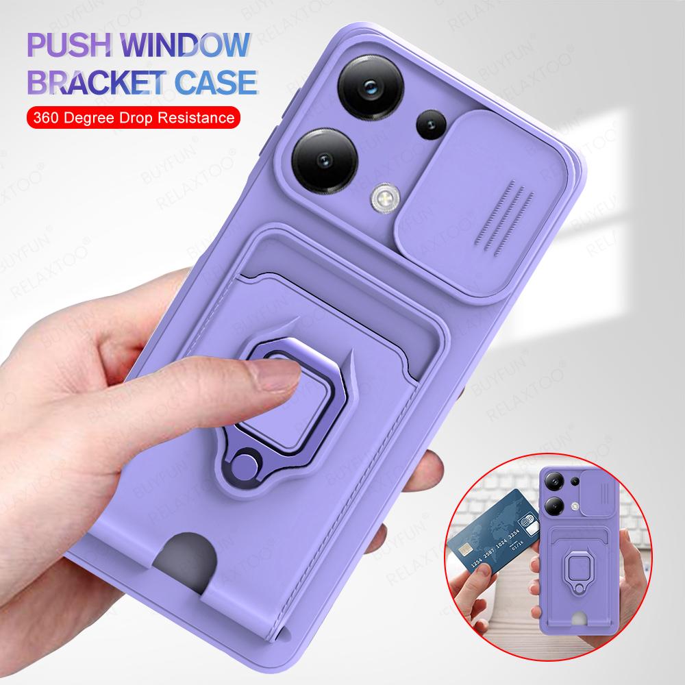 Slide Camera Lens Protection Case For Xiaomi Poco M6 Pro 4G Card Slot Stand Holder Magnetic Cover Coque PocoM6Pro Little M6Pro