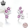 Aifuluo Pink Plum Blossom Zircon Stud Earrings - Pure Silver, White Gold Plated, S925.